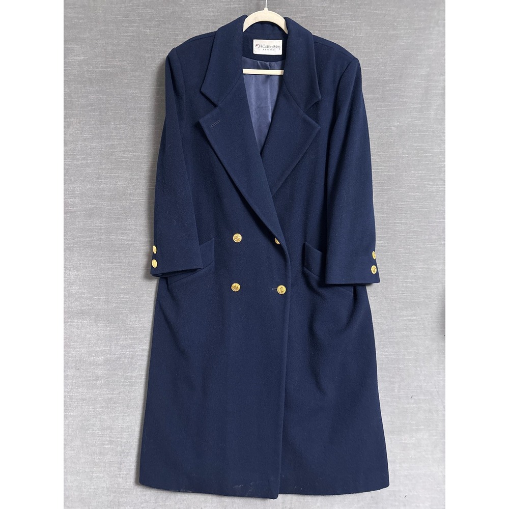 Vintage JH Coat L/XL Petite Navy Blue Wool Gold Double Breasted Long Peacoat